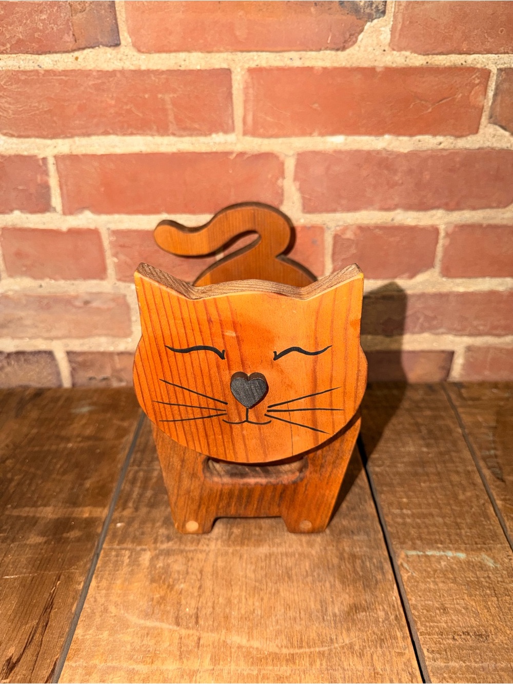 Handcrafted Wooden Cat Napkin Holder - Orange Wood